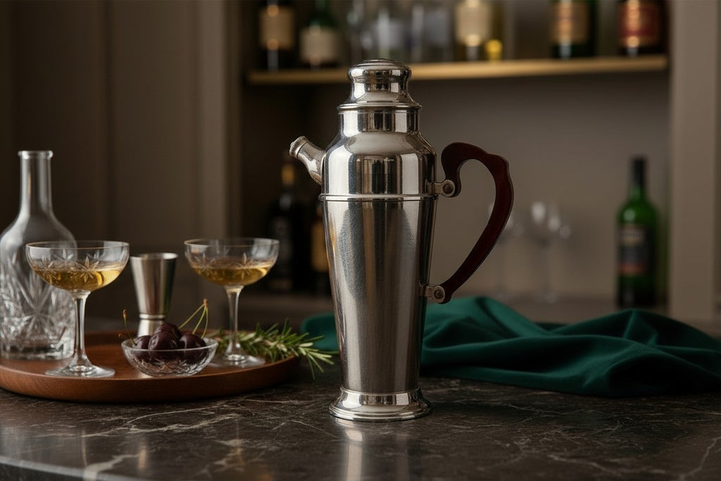 Atlas & Arden 1930s Art Deco chrome cocktail shaker with cherry red Bakelite handle. Tall, tapered design with skyscraper silhouette.