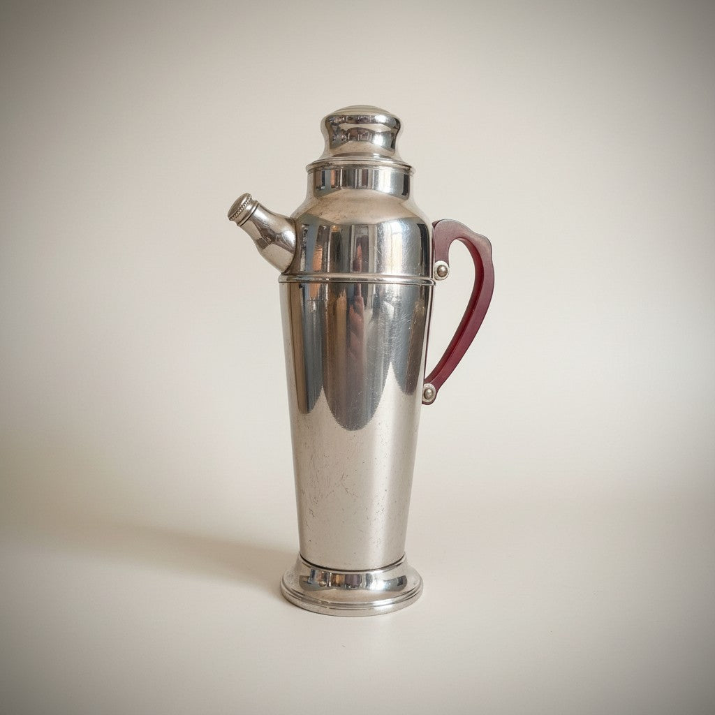 Atlas & Arden Art Deco chrome cocktail shaker with cherry red Bakelite handle, 1930s skyscraper design.