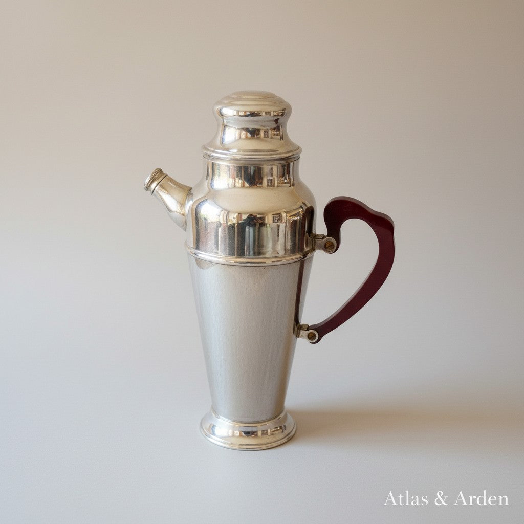 Atlas & Arden Art Deco chrome cocktail shaker with cherry red Bakelite handle, 1930s