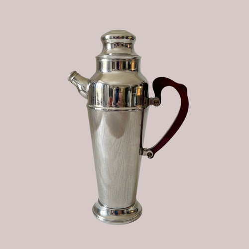 Atlas & Arden Art Deco chrome cocktail shaker with cherry red Bakelite handle, 1930s style.