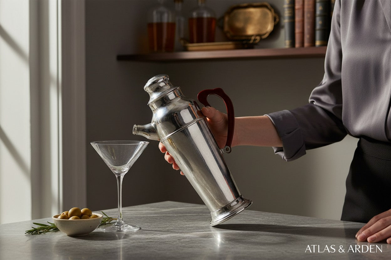 Atlas & Arden Art Deco cocktail shaker, chrome-plated steel with cherry red Bakelite handle, 1930s