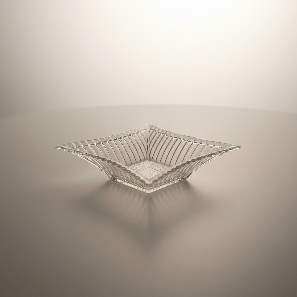 Atlas & Arden Art Deco clear pressed glass star dish with ribbed sides and hobnail center. Vintage American glass.