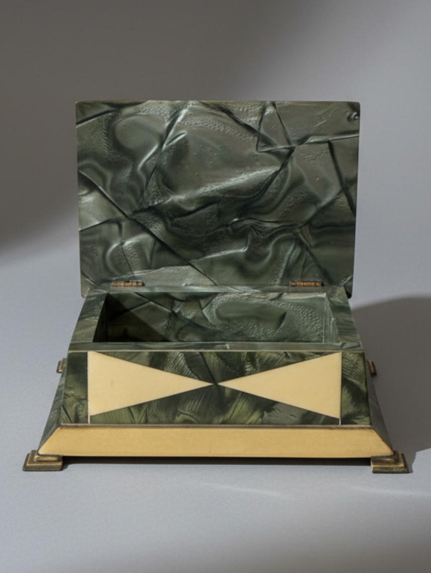 Atlas & Arden 1930s Art Deco geometric box with cream and marbled green panels, featuring a hinged lid and small feet.