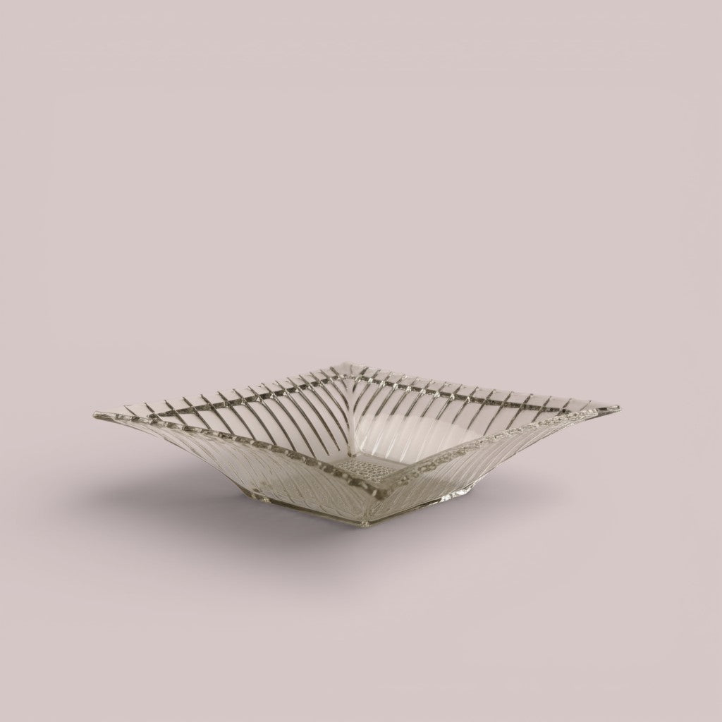 Atlas & Arden Art Deco clear pressed glass star dish with hobnail center and ribbed sides. Vintage 1930s-1940s.