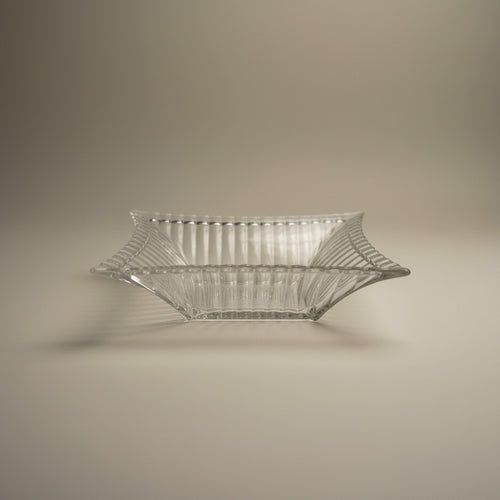 Atlas & Arden Art Deco clear pressed glass star dish with ribbed sides and hobnail center. Vintage 1930s-1940s.