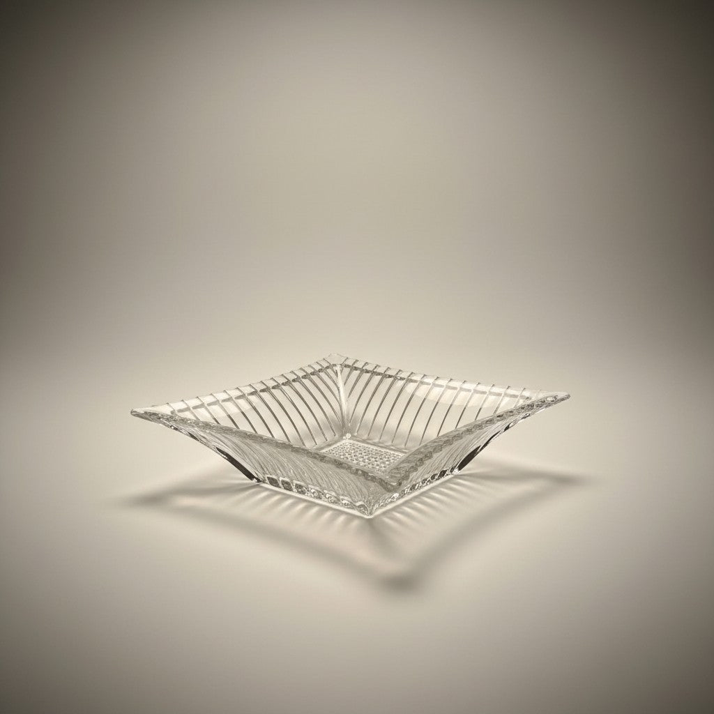 Atlas & Arden Art Deco clear pressed glass star dish with ribbed sides and hobnail center. Vintage 1930s-1940s.