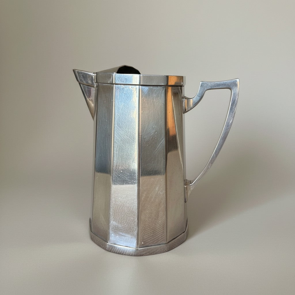 Atlas & Arden Art Deco silver plate cocktail pitcher with hinged ice guard, 1930s. Faceted design with angular handle.