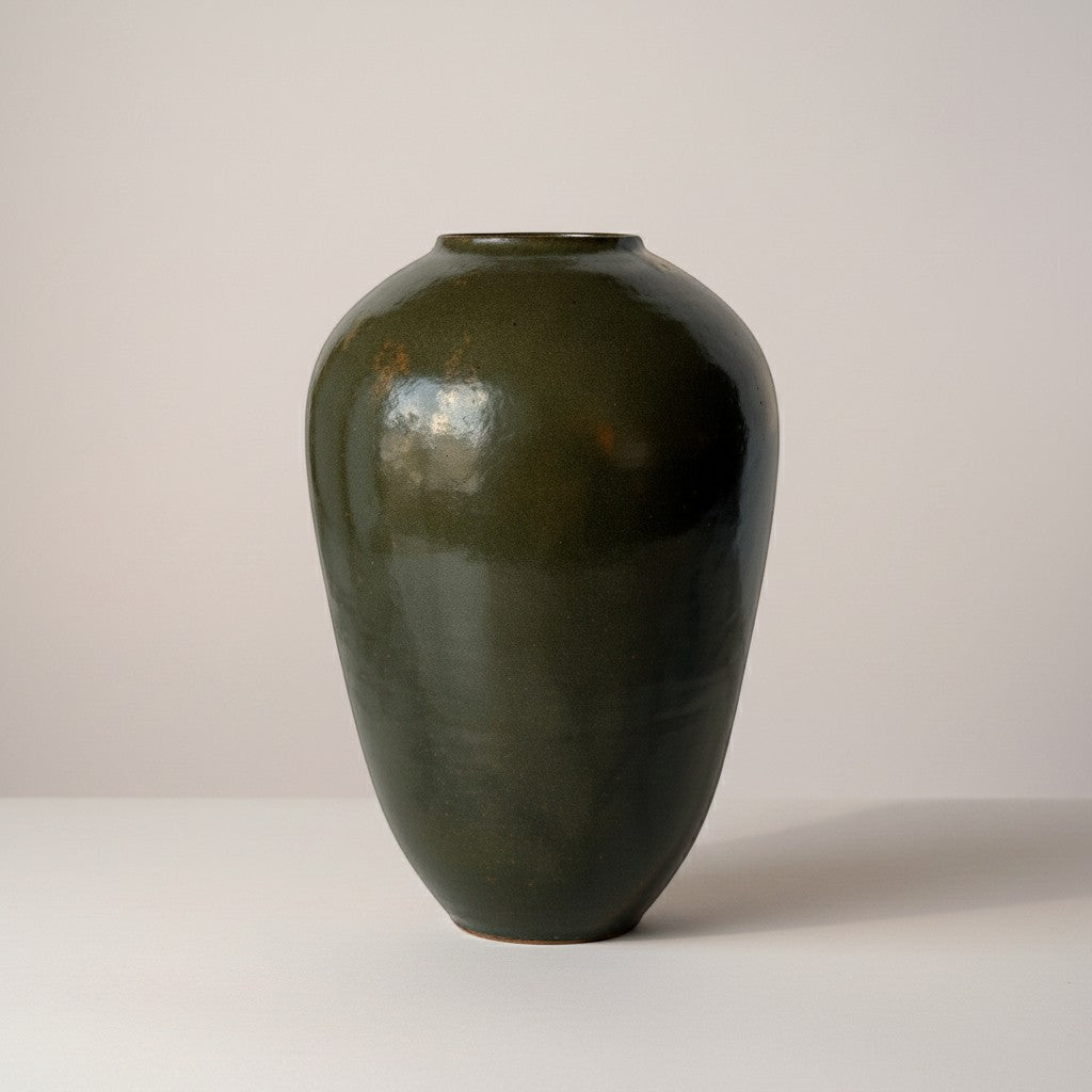 Atlas & Arden signed Ben Owen olive-celadon glazed pottery vase, classic ovoid form, Seagrove NC studio pottery.