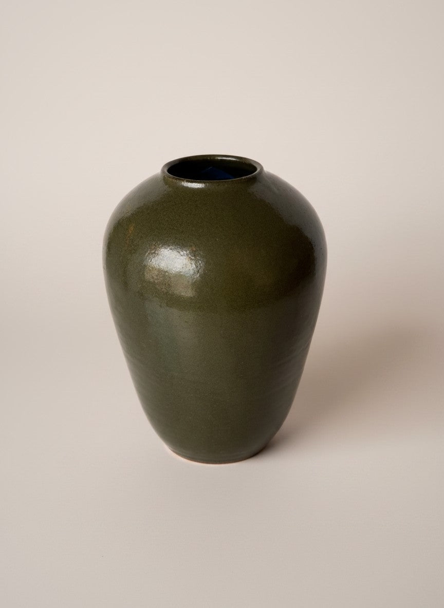 Atlas & Arden Ben Owen signed olive-celadon studio pottery vase with ovoid form, mid-20th century.