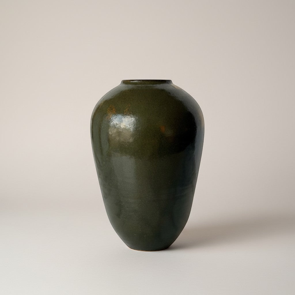 Atlas & Arden signed Ben Owen Seagrove Pottery vase in olive-celadon glaze. Classic ovoid form, 9.25" H.