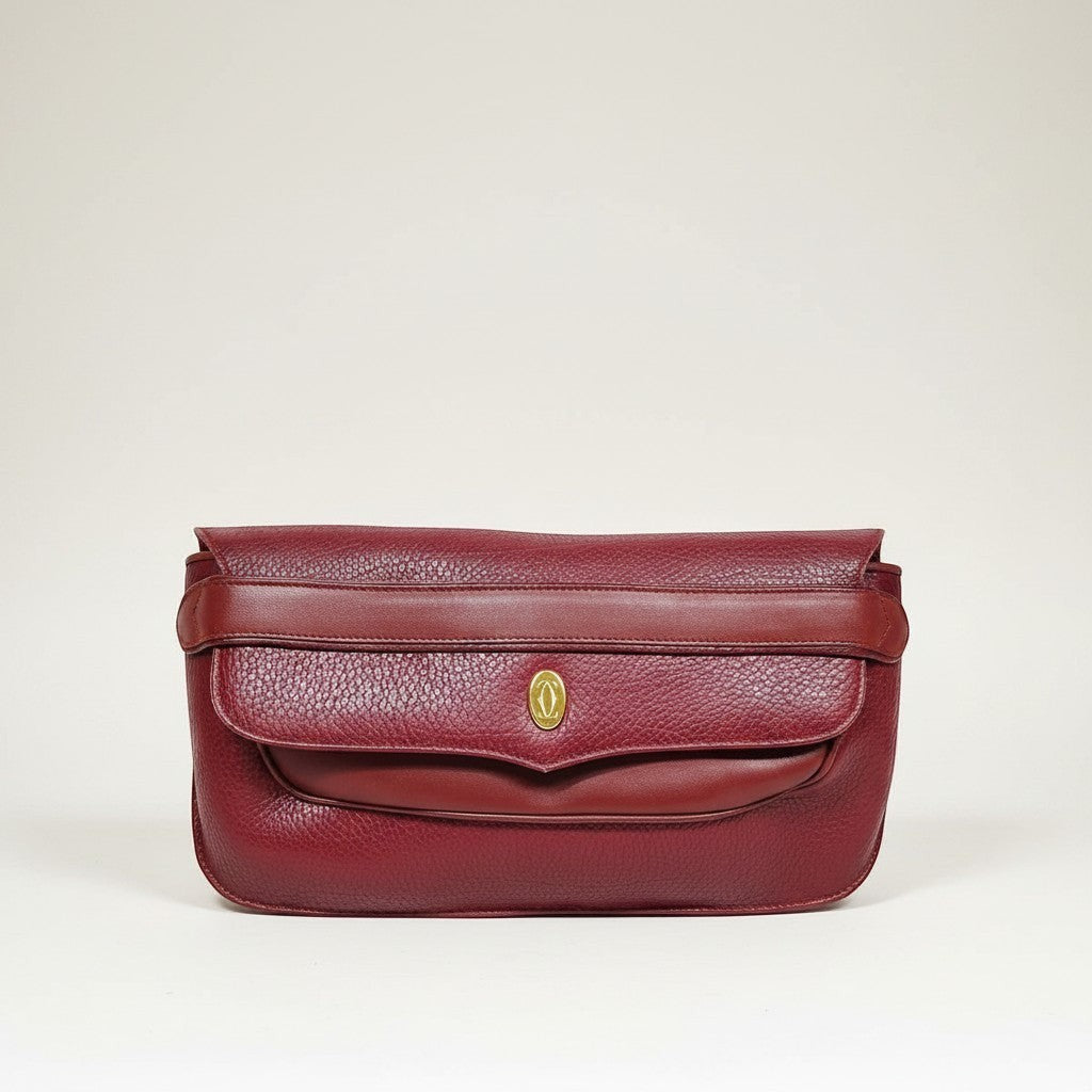 Atlas & Arden vintage burgundy pebbled leather clutch with gold double-C clasp, 1980s