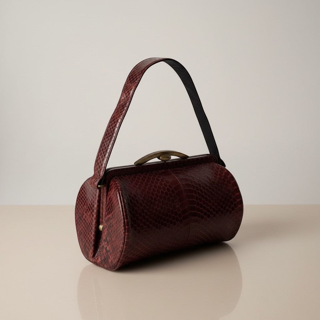Atlas & Arden 1940s burgundy python snakeskin handbag with brass kiss-lock frame and shoulder strap.