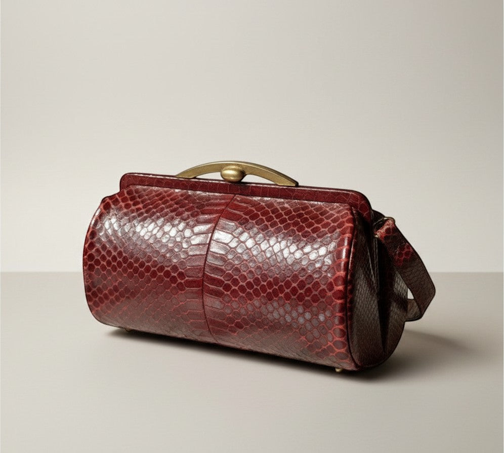 Atlas & Arden 1940s burgundy python snakeskin handbag with brass kiss-lock frame and shoulder strap.