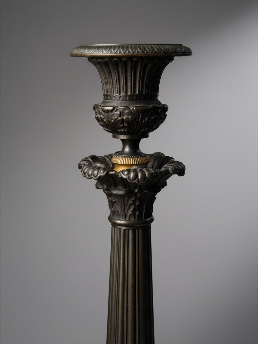 Atlas & Arden antique Charles X French bronze candlestick featuring a fluted column, acanthus collar, and gilt ring.