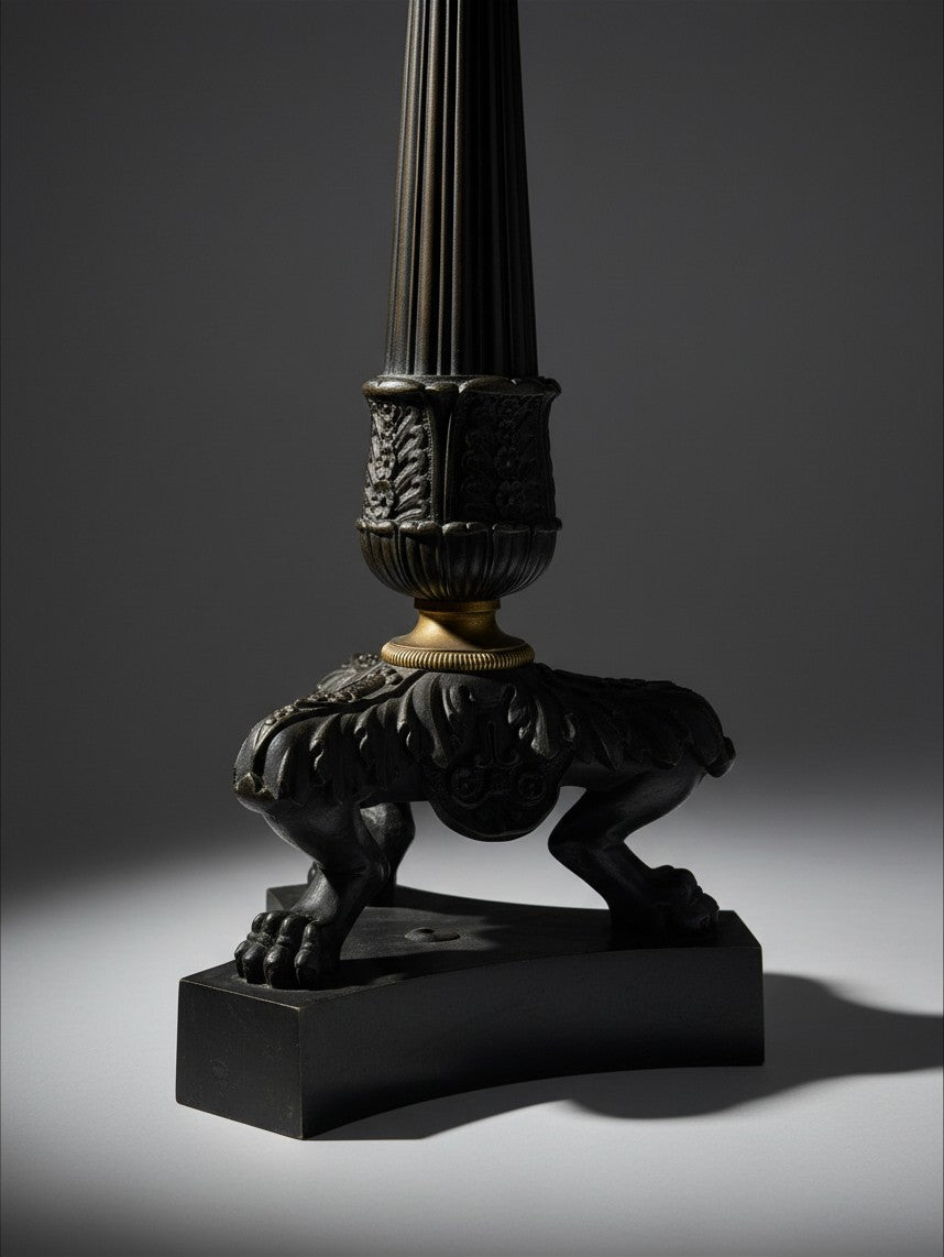 Atlas & Arden pair of 1830 Charles X French bronze candlesticks featuring fluted columns and lion paw feet.