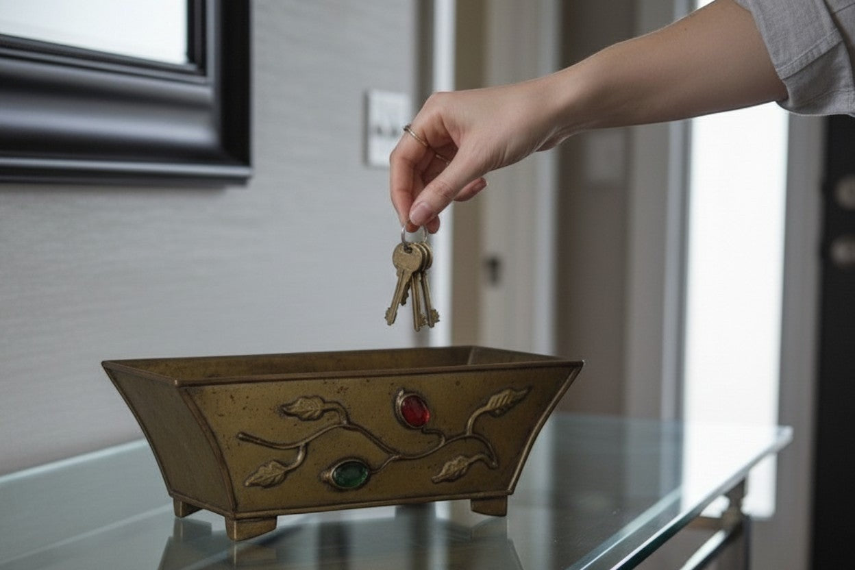 Atlas & Arden Chinese brass footed planter with vine motif and red/green cabochon stones. Tapered rectangular shape.