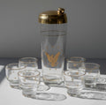Atlas & Arden vintage Culver 22K gold Patriotic Eagle cocktail shaker set with six matching roly-poly rocks glasses.