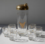 Atlas & Arden vintage Culver 22K gold Patriotic Eagle cocktail shaker set with six matching roly-poly rocks glasses.