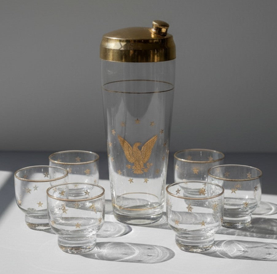 Atlas & Arden vintage Culver 22K gold Patriotic Eagle cocktail shaker set with six matching roly-poly rocks glasses.