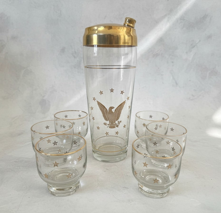 Atlas & Arden vintage Culver 22K gold Patriotic Eagle cocktail shaker set with six matching roly-poly rocks glasses.