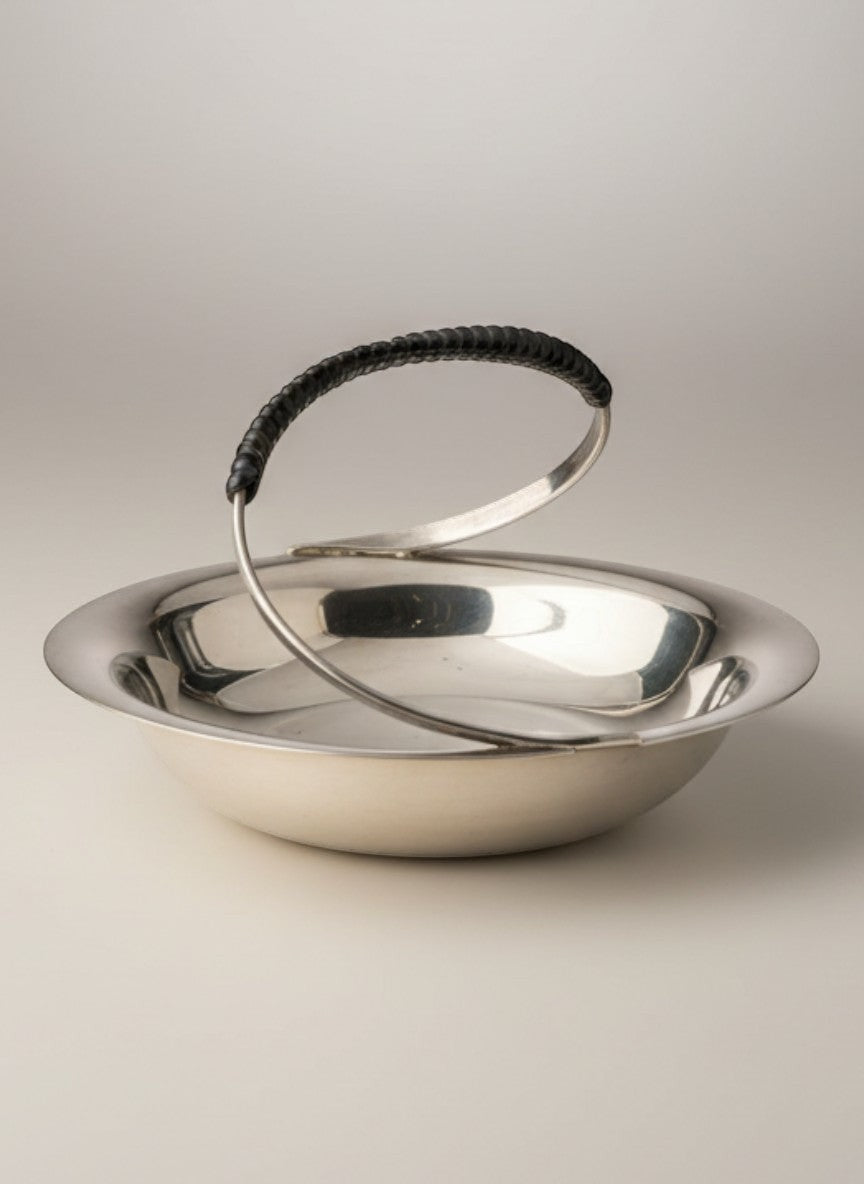 Atlas & Arden Danish silverplate catchall dish with black wrapped handle, mid-century design for keys or candy.