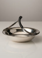 Atlas & Arden Danish silverplate catchall dish with black wrapped handle, mid-century design for keys or candy.