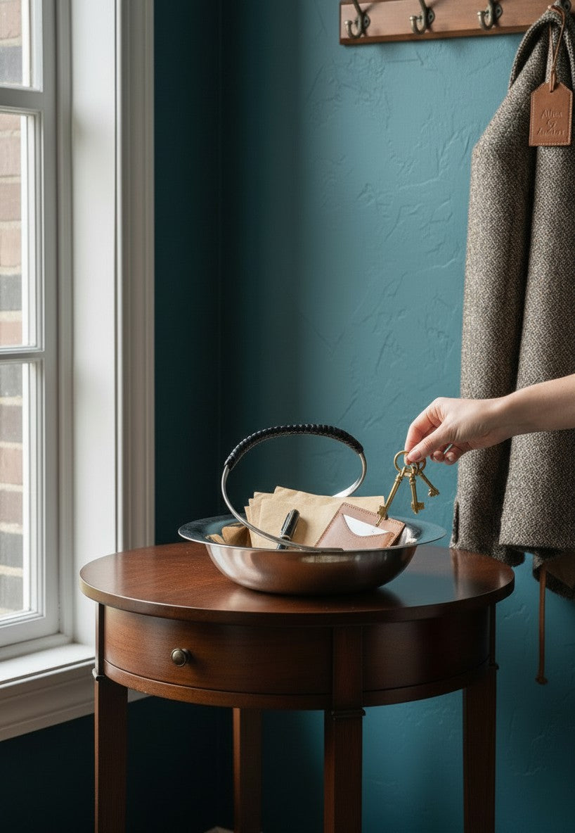 Danish Silverplate catchall with a black wrapped handle, perfect for entry console or bedside table. Atlas & Arden.