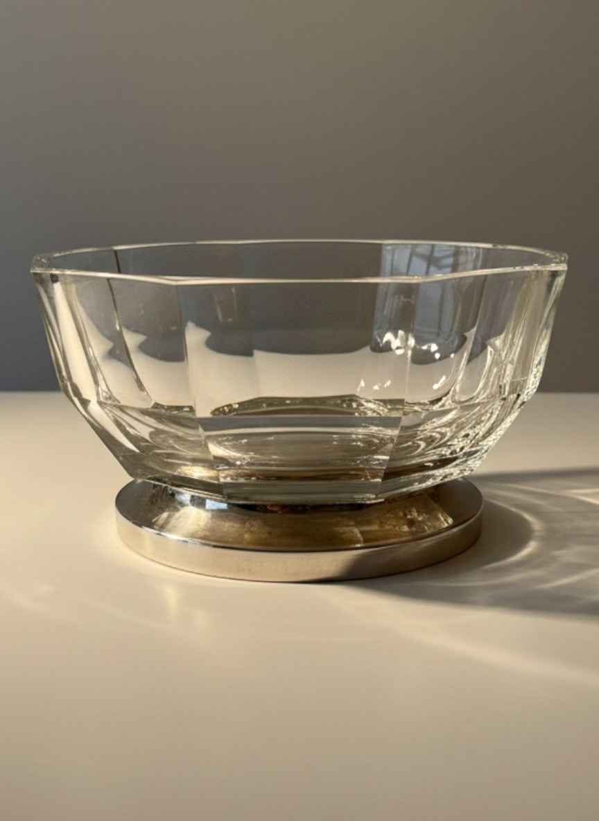 Atlas & Arden faceted crystal bowl with a silver base. Clear glass with 12 sides, sits on a pedestal base.