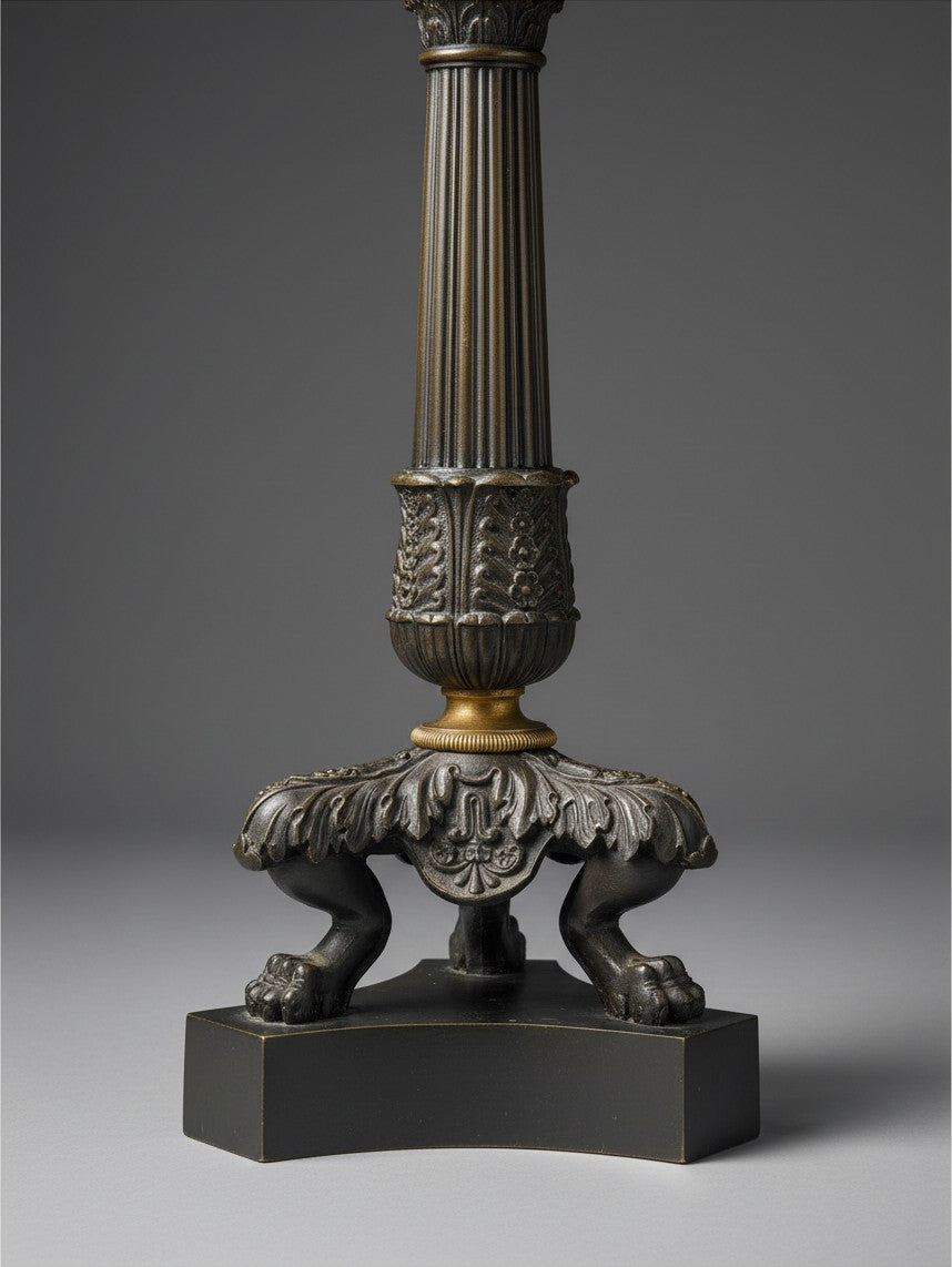 Atlas & Arden antique French Charles X patinated bronze candlestick base with fluted column and lion paw feet.