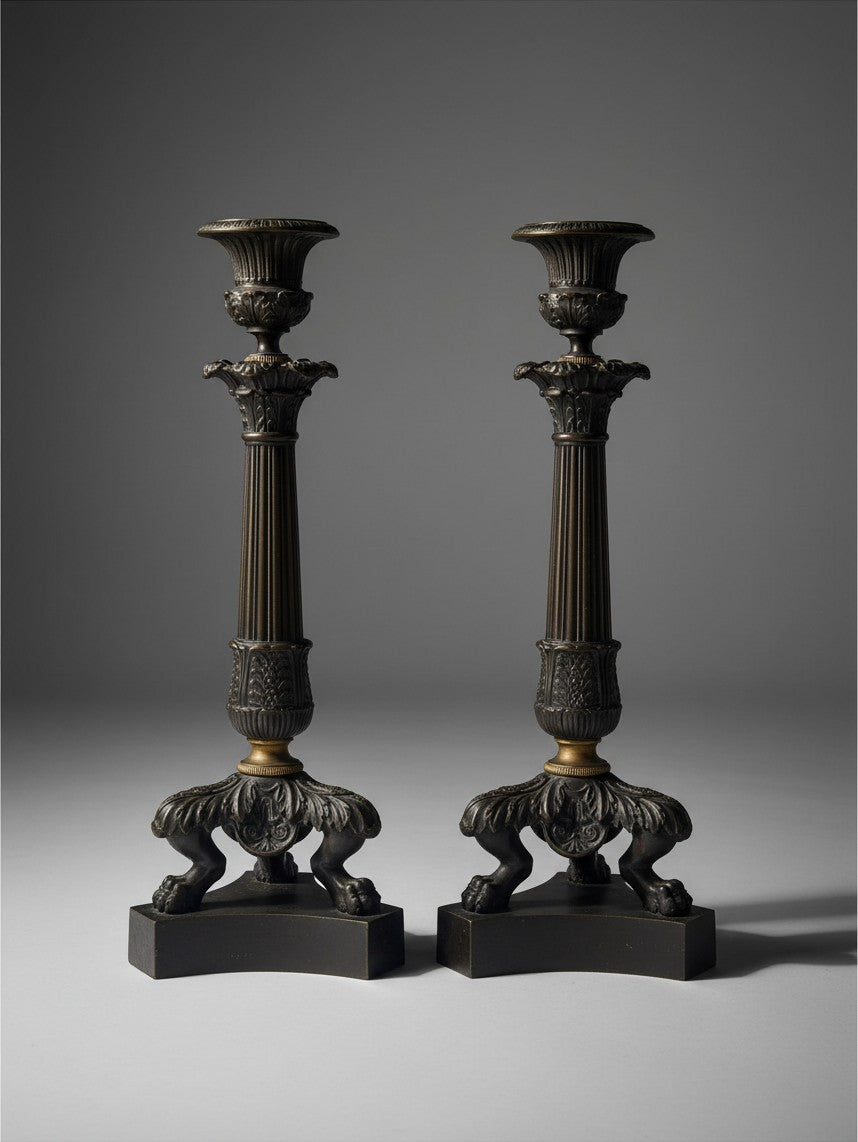 Atlas & Arden pair of 1830 French Charles X patinated bronze candlesticks with fluted columns and lion paw feet.