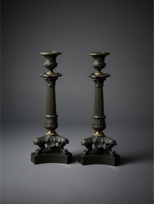 Atlas & Arden pair of antique French Charles X patinated bronze candlesticks with fluted columns and lion paw feet.