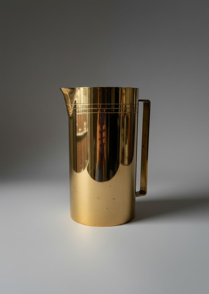 Atlas & Arden vintage 1960s cylindrical pitcher in 24K gold-plated brass with incised bands and angular handle.