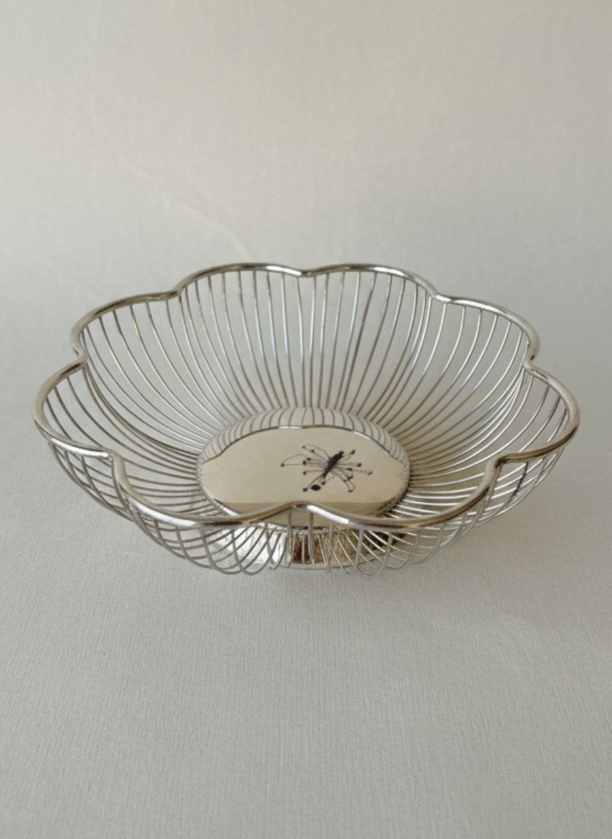 Atlas & Arden Italian silverplate wire basket with scalloped petal form and a central dragonfly design.