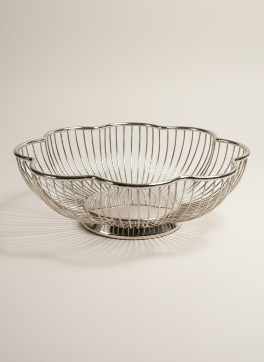 Atlas & Arden Italian silverplate wire basket with scalloped petal form and solid base. Mid-century.