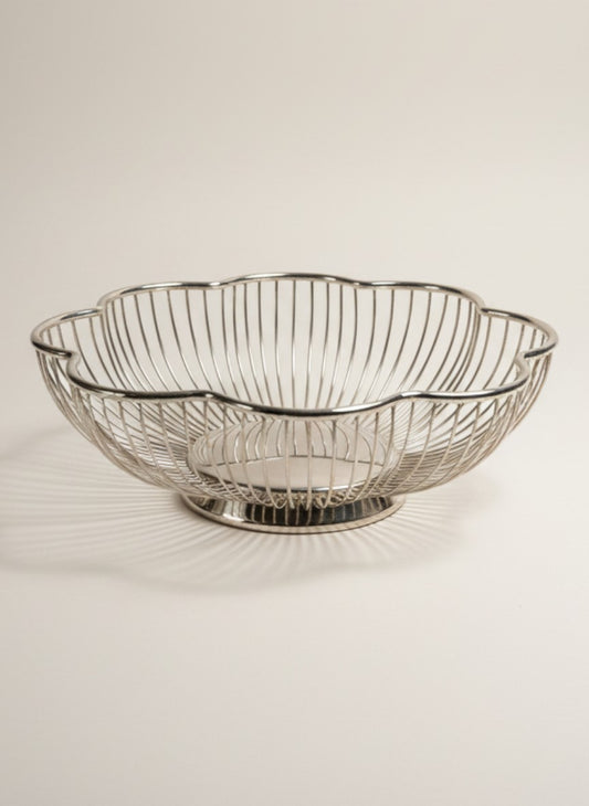 Atlas & Arden Italian silverplate wire basket with scalloped petal form and solid base. Mid-century.
