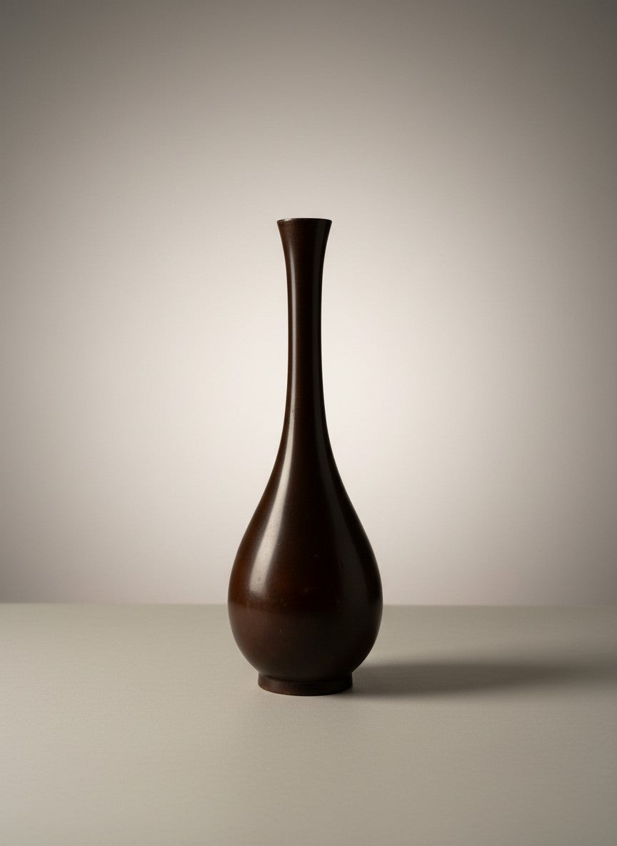 Atlas & Arden Japanese bronze tsuru-kubi bud vase with a crane-neck shape and teardrop body, deep brown with reddish undertones.