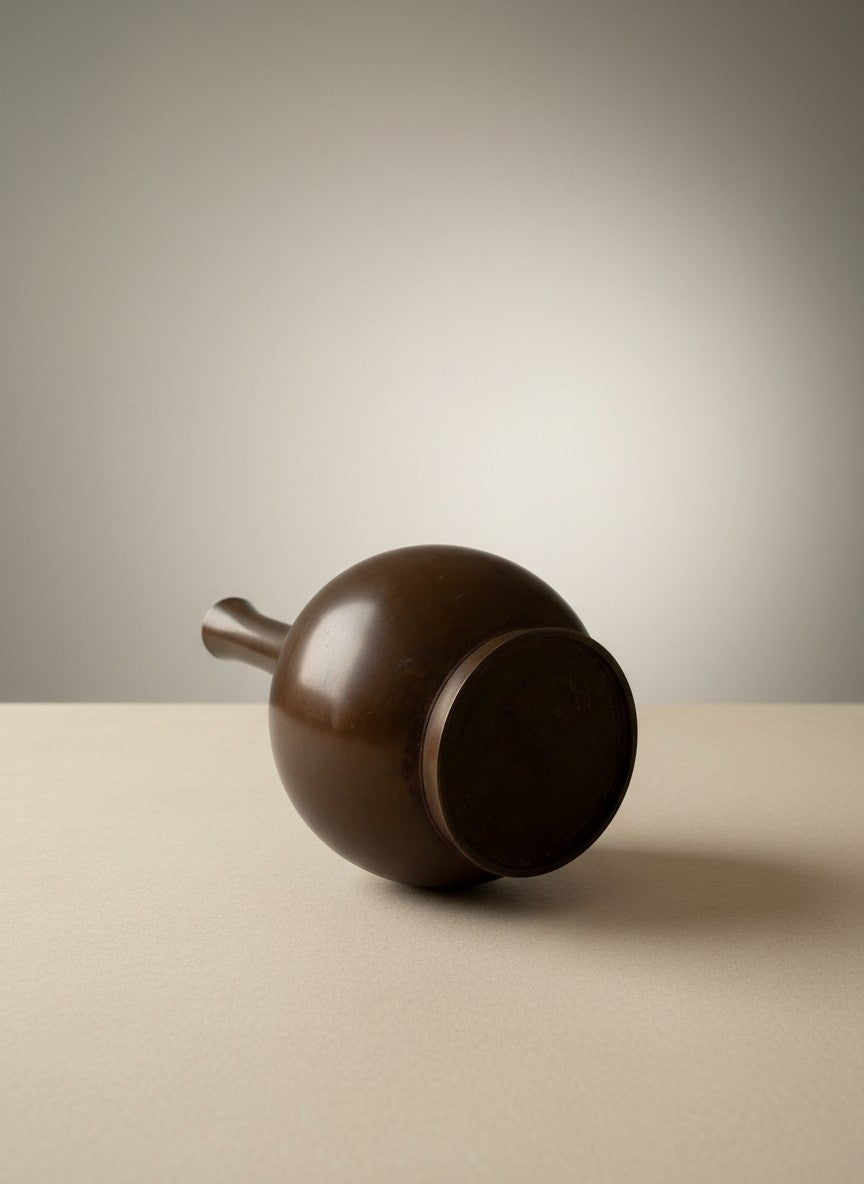 Atlas & Arden Japanese bronze tsuru-kubi bud vase with a crane-neck shape and teardrop body, mid-20th century.