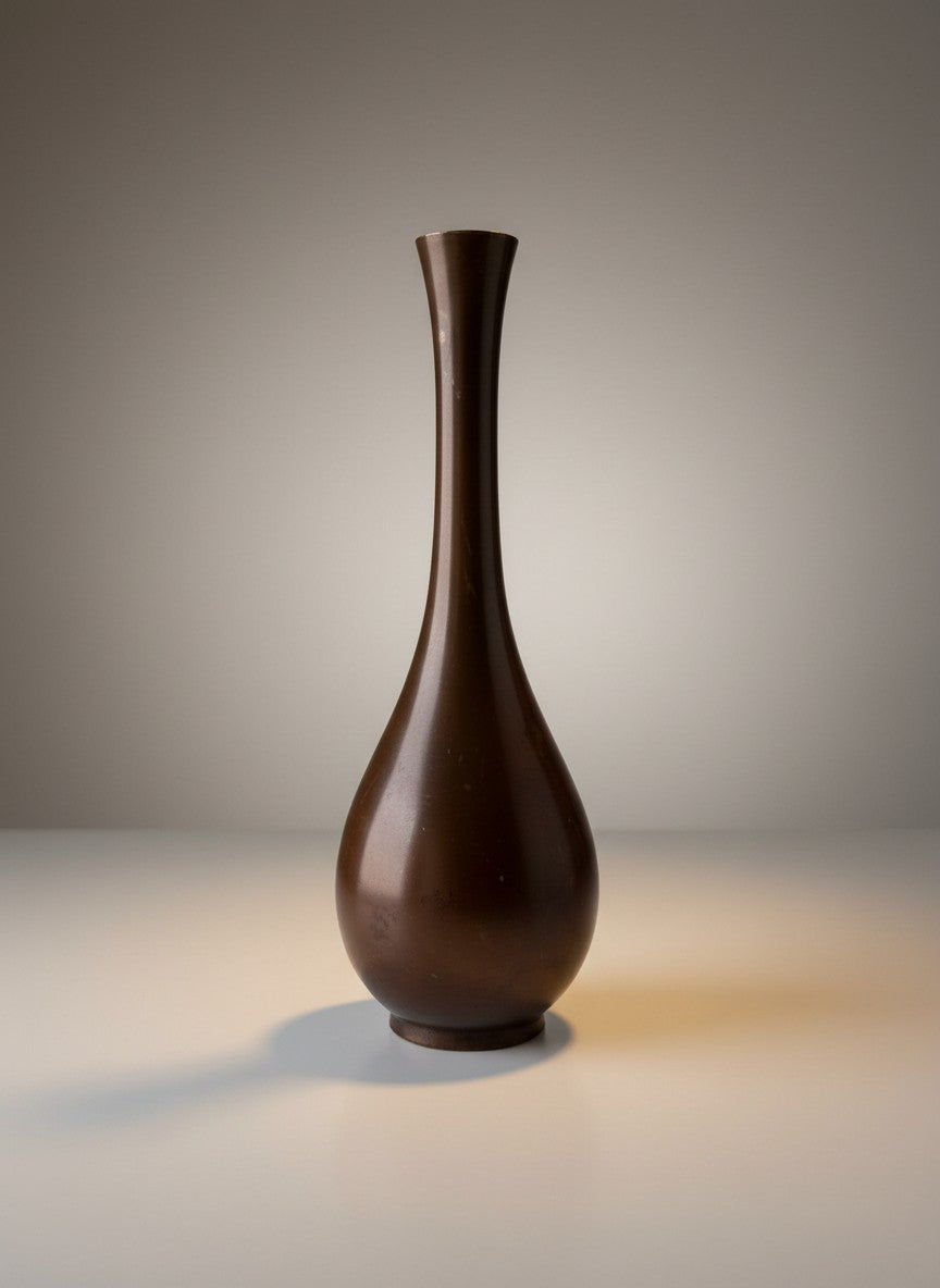 Atlas & Arden Japanese bronze tsuru-kubi bud vase with a crane-neck shape and teardrop body, mid-20th century.