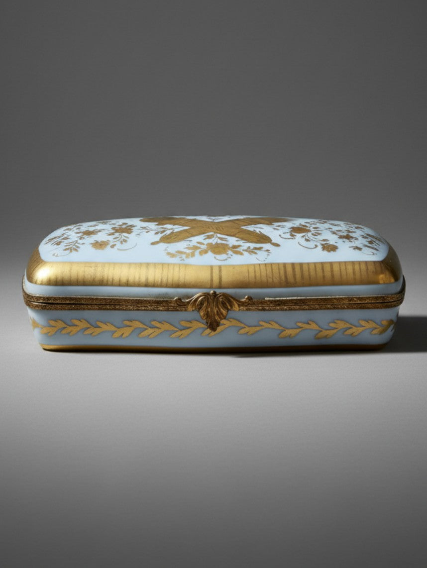 Atlas & Arden vintage Limoges porcelain box with gilt love trophies, floral sprays, and acanthus clasp on light blue.