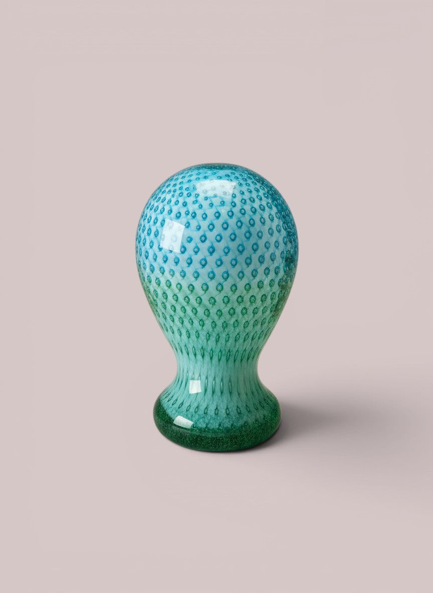 Atlas & Arden Murano-style teal to jade glass sculpture with bullicante pattern, 8" H.