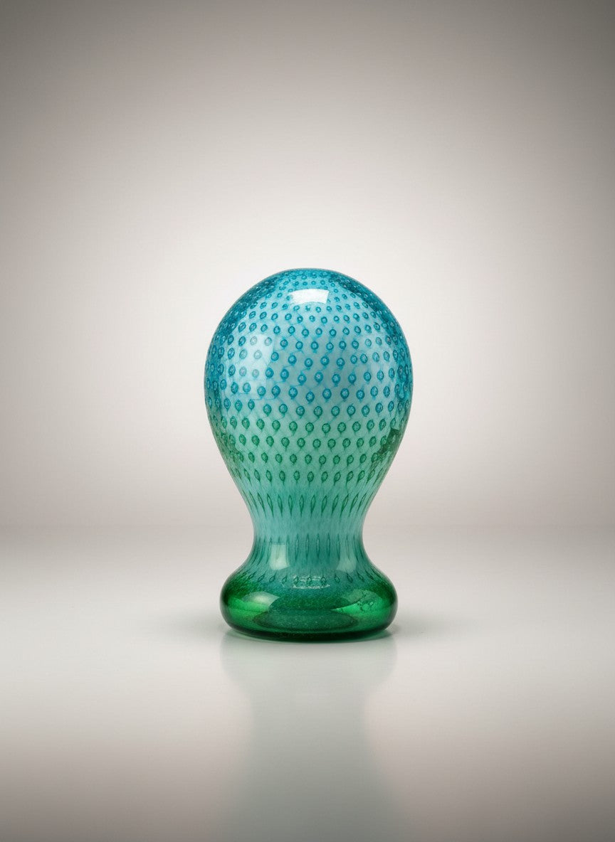 Atlas & Arden Murano-style teal to jade glass sculpture with bullicante pattern, bulbous top, pinched waist, and flared foot.