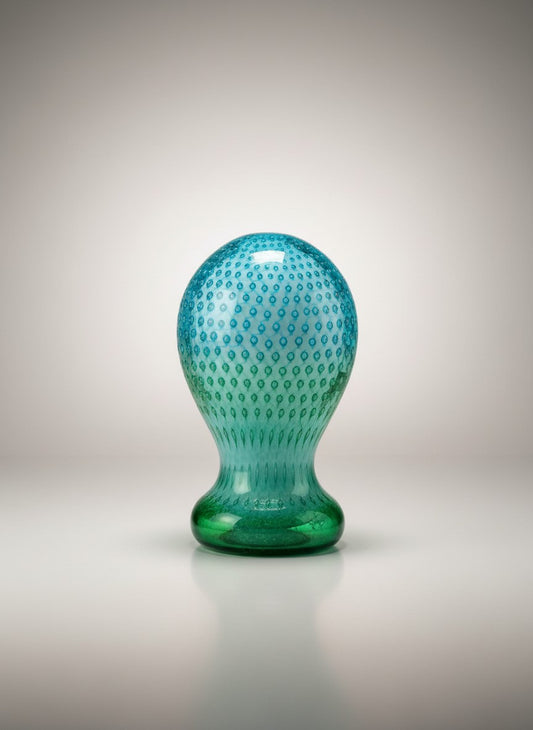 Atlas & Arden Murano-style teal to jade glass sculpture with bullicante pattern, bulbous top, pinched waist, and flared foot.