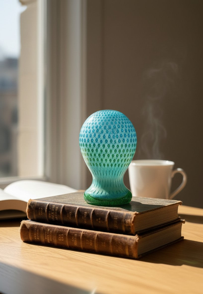 Atlas & Arden Murano-style teal to jade glass sculpture with bullicante pattern, bulbous top, pinched waist, flared foot.