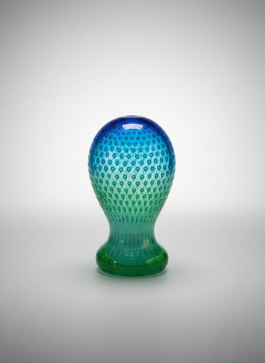 Atlas & Arden Murano-style teal to jade glass sculpture with raised dot pattern (bullicante). Tapered waist, flared foot.