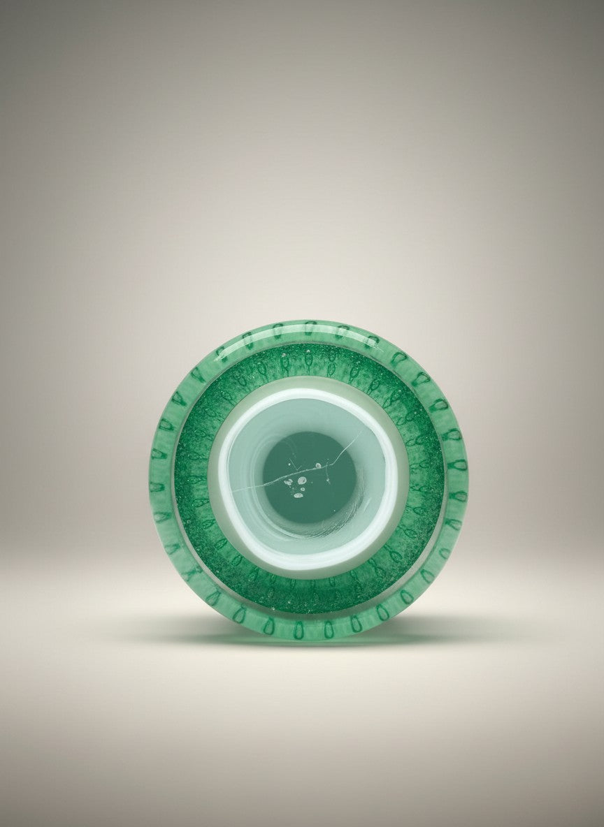 Atlas & Arden Murano-style teal to jade glass sculpture with bullicante pattern. Hand-blown solid glass.