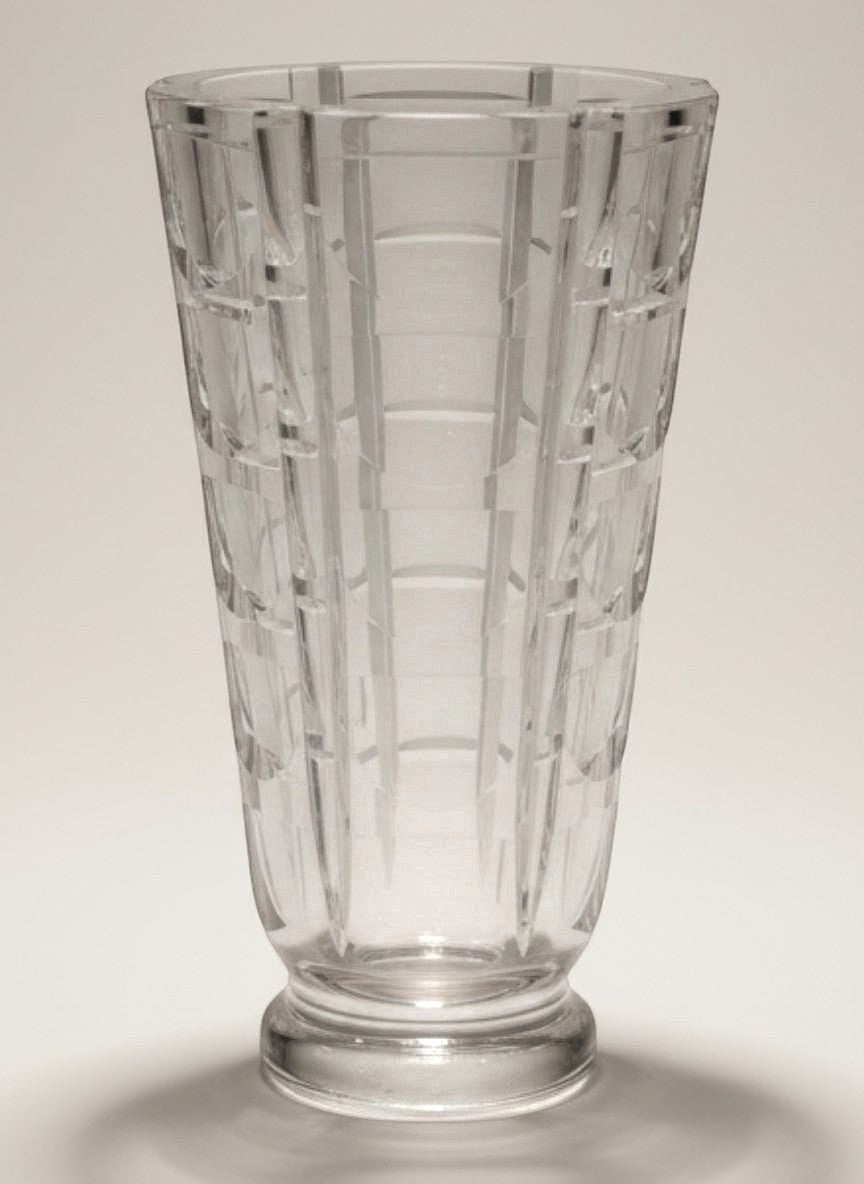 Atlas & Arden Simon Gate for Orrefors "Tusen Fönster" cut crystal vase with deep oval lens cuts and stepped pedestal foot.