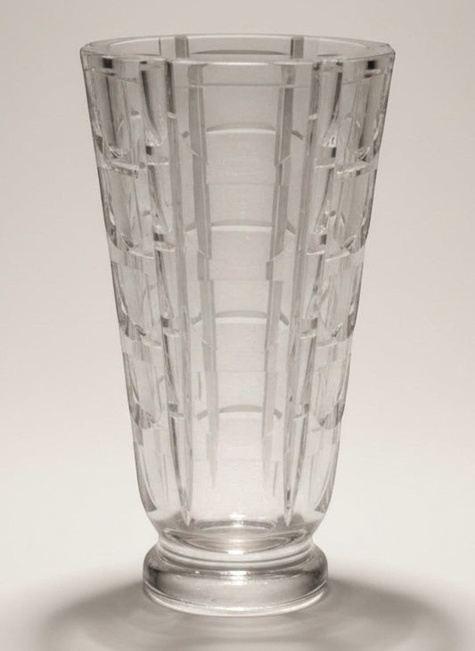 Atlas & Arden Simon Gate for Orrefors "Tusen Fönster" cut crystal vase with deep oval lens cuts and stepped pedestal foot.