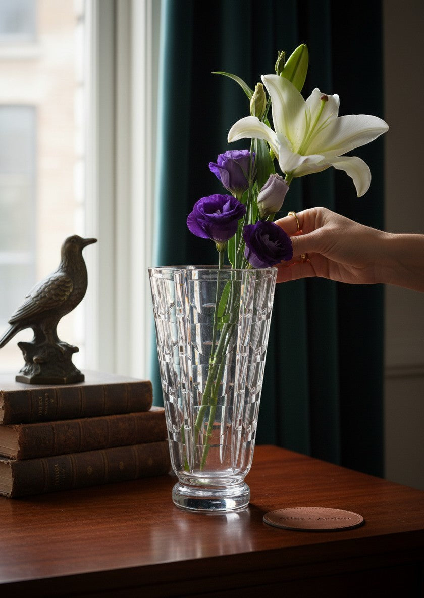 Atlas & Arden Simon Gate for Orrefors "Tusen Fönster" cut crystal vase, c. 1934, Swedish, with deep oval lens cuts.