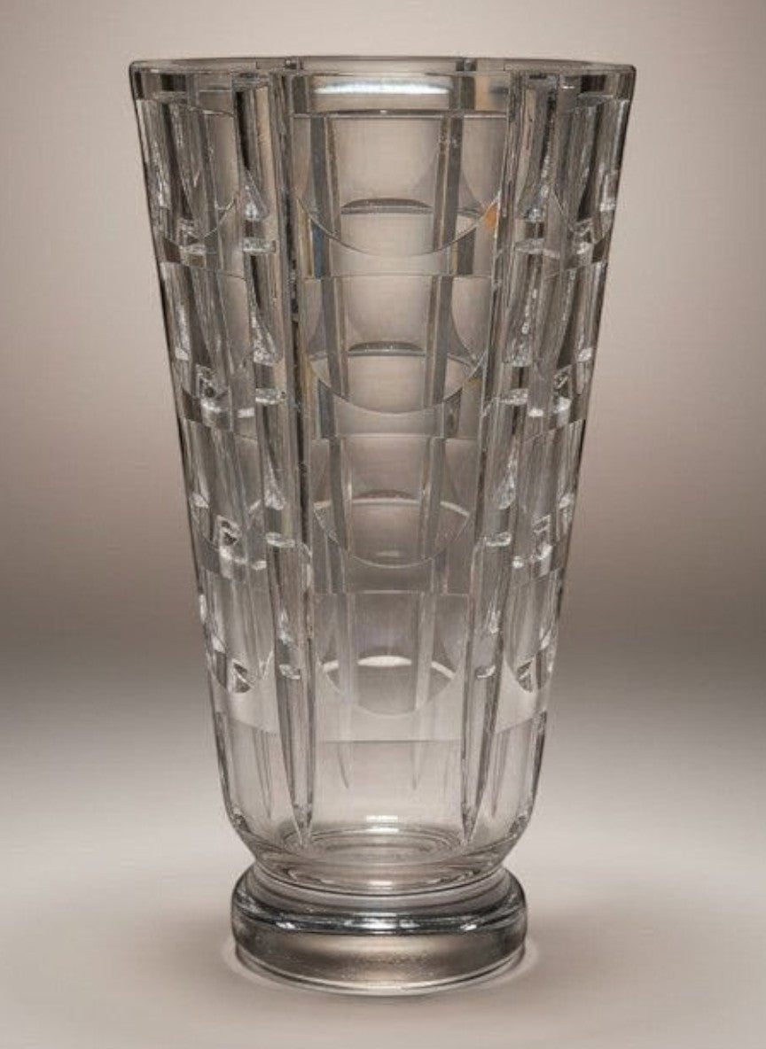 Atlas & Arden Simon Gate for Orrefors Tusen Fönster cut crystal vase with deep oval lens cuts and stepped pedestal foot.