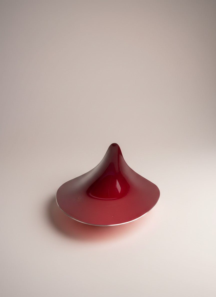 Atlas & Arden mid-century modern leaf-shaped silverplate dish with crimson enamel interior, model 65.